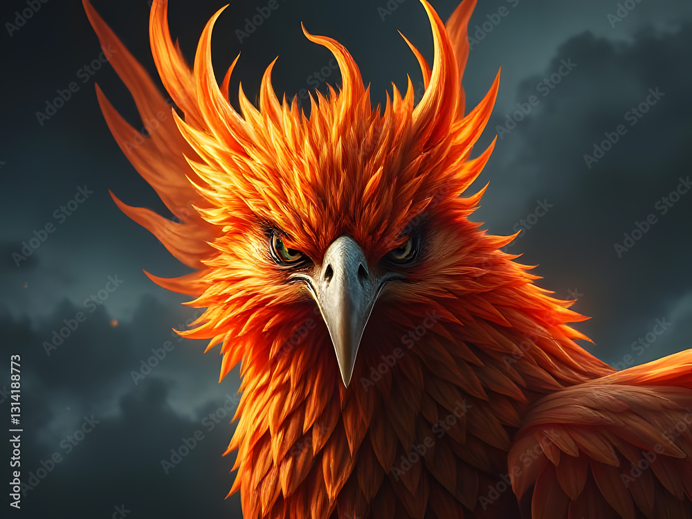 Fototapeta premium Majestic Phoenix Fiery Bird with Intense Gaze, Mythical Creature, Orange Feathers.