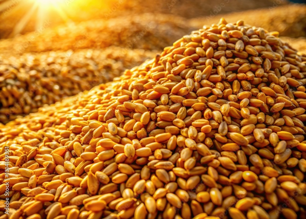 Obraz premium Golden wheat, raw material for flour, captured in architectural photography. Sun-drenched fields form the backdrop.