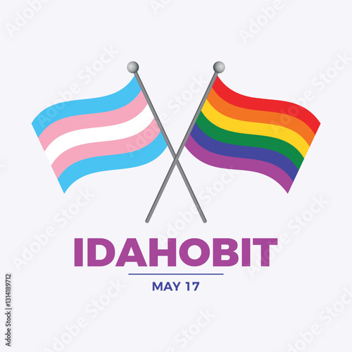 IDAHOBIT International Day Against Homophobia, Transphobia and Biphobia poster vector illustration. Two crossed LGBT and Transgender flags on a pole icon vector. LGBTQIA waving pride flag symbol