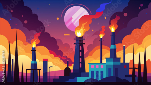 Flares from the refinerys furnaces light up the sky painting it in a vibrant display of colors as dawn sets in.. Vector illustration