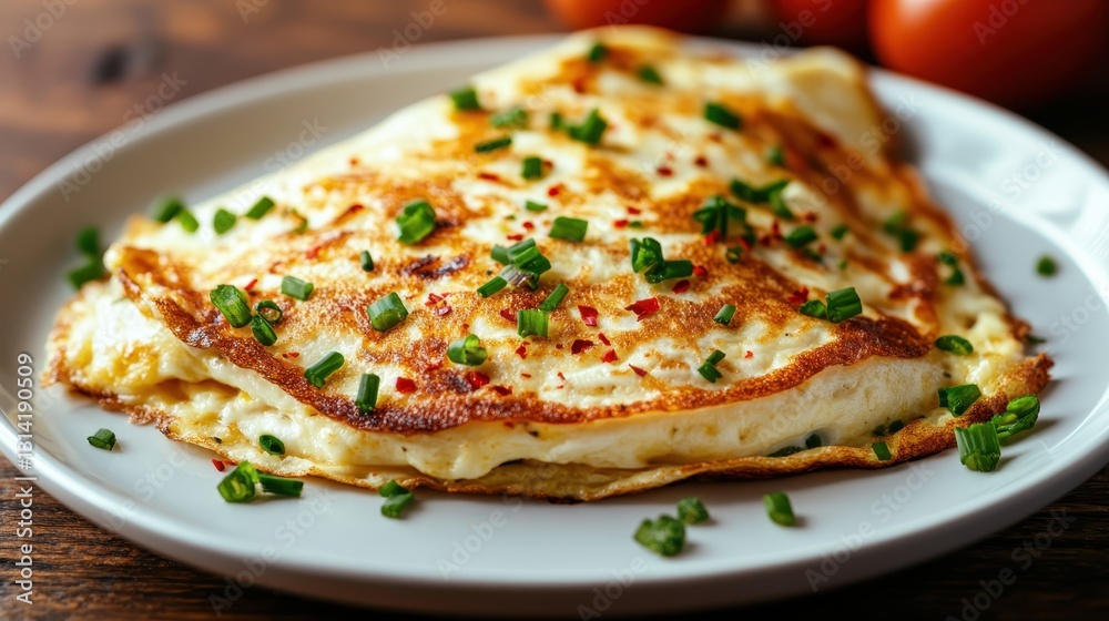 An elegantly presented omelette on a clean plate, topped with freshly chopped herbs and spices, showcasing an inviting food experience that is both delicious and visually appealing. An elegantly presented omelette on a clean plate, topped with freshly chopped herbs and spices, showcasing an inviting food experience that is both delicious and visually appealing.