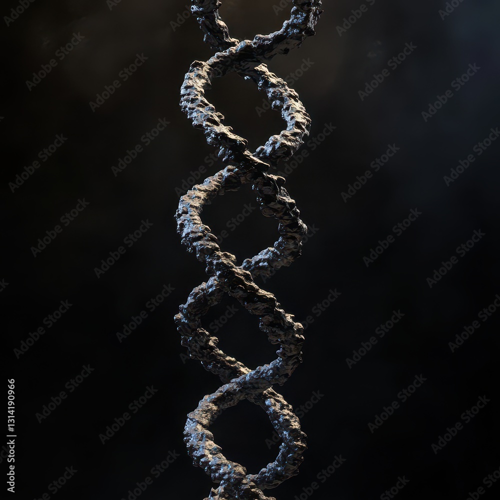 Obraz premium A striking close-up of a vibrant DNA double helix spiraling gracefully against a deep black background, showcasing intricate base pairs and the elegant twists of its structure.