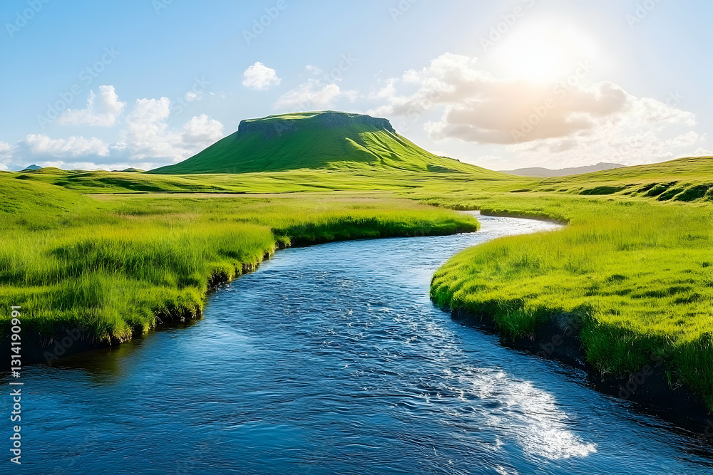Fototapeta premium Serene Icelandic Landscape with River Flowing Through Green Meadows