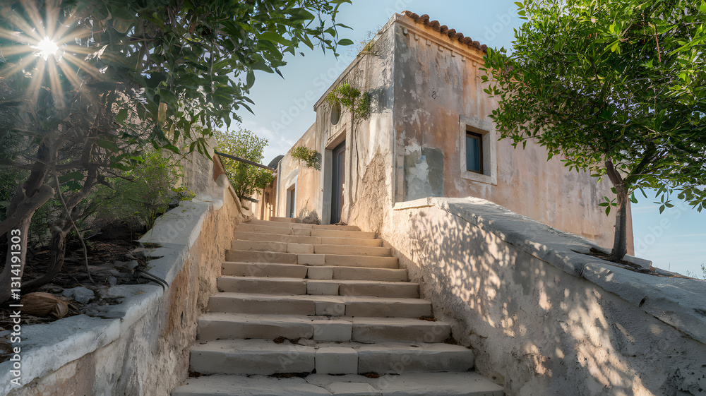 A sunlit stone staircase leading up to a weathered building.
