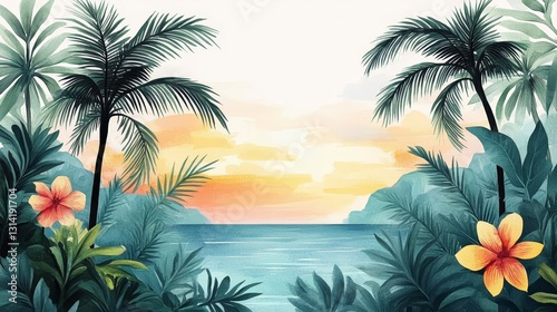 Wallpaper Mural Watercolor Tropical Beach View Palms, Hibiscus, Sunset Sky, summer, island Torontodigital.ca