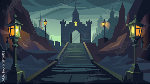 The ancient gas lamps lining the path to the castle entrance gave off an eerie otherworldly vibe beckoning visitors into a bygone era.. Vector illustration