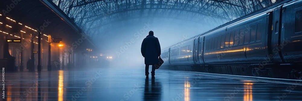 Obraz premium Mysterious Figure Walking Cityscape Night Abstract Moody Blue