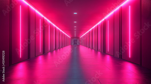 Vibrant pink illuminated corridor with vertical neon lights perspective