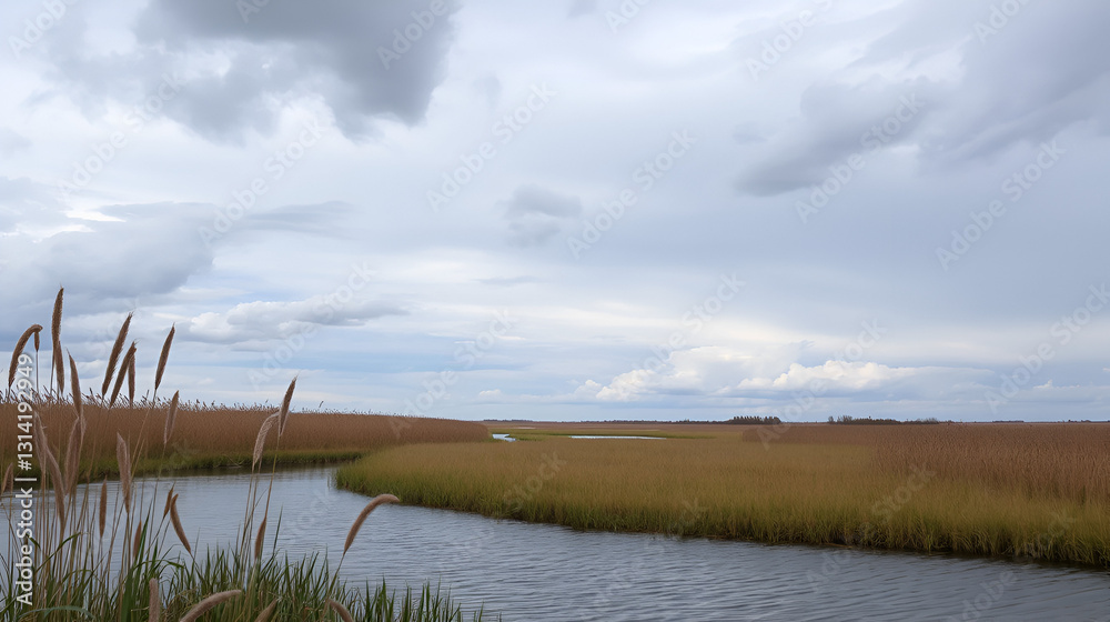 Wetlands landscape featuring cloudy sky, river, and reed grass Wetlands landscape featuring cloudy sky, river, and reed grass