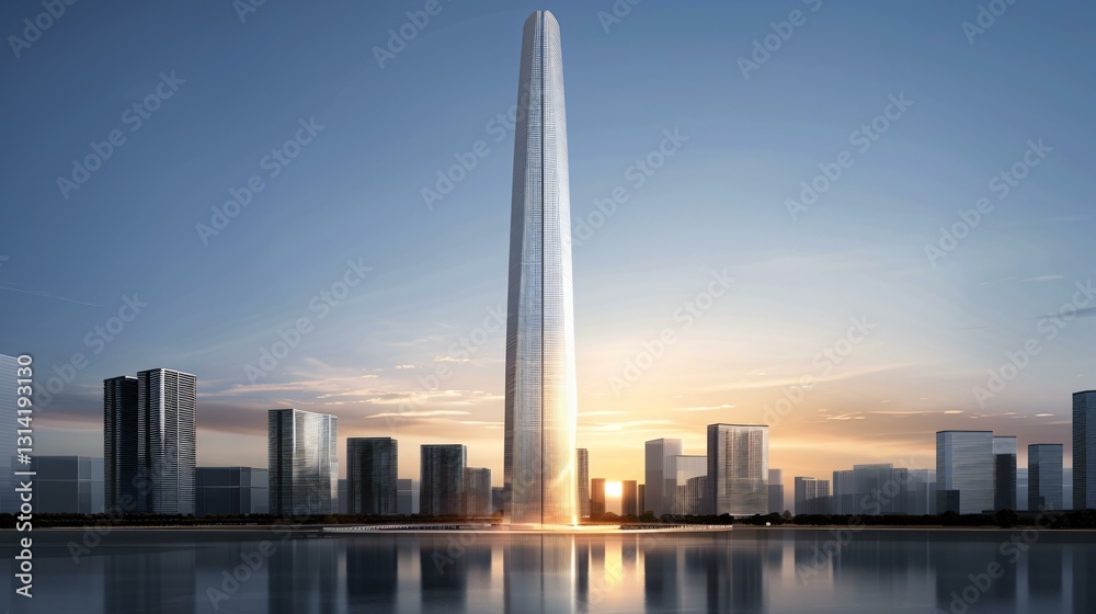 Fototapeta premium Under-construction skyscraper core with advanced seismic-resistant design, mega-structure engineering, future cityscape