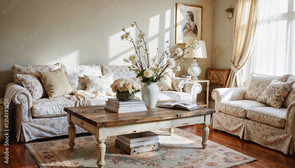 Obraz premium Cozy living room with floral decor and natural light