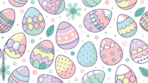 Seamless pattern with Easter eggs decorated with floral, geometric and dotted ornaments. The design is done in bright pastel shades, creating a festive mood.