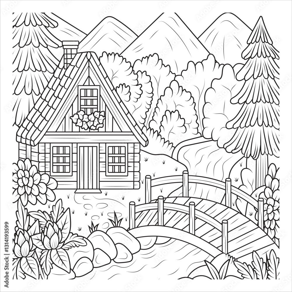 Naklejka premium Cozy Cabin with Wooden Bridge in Nature - Coloring Page
