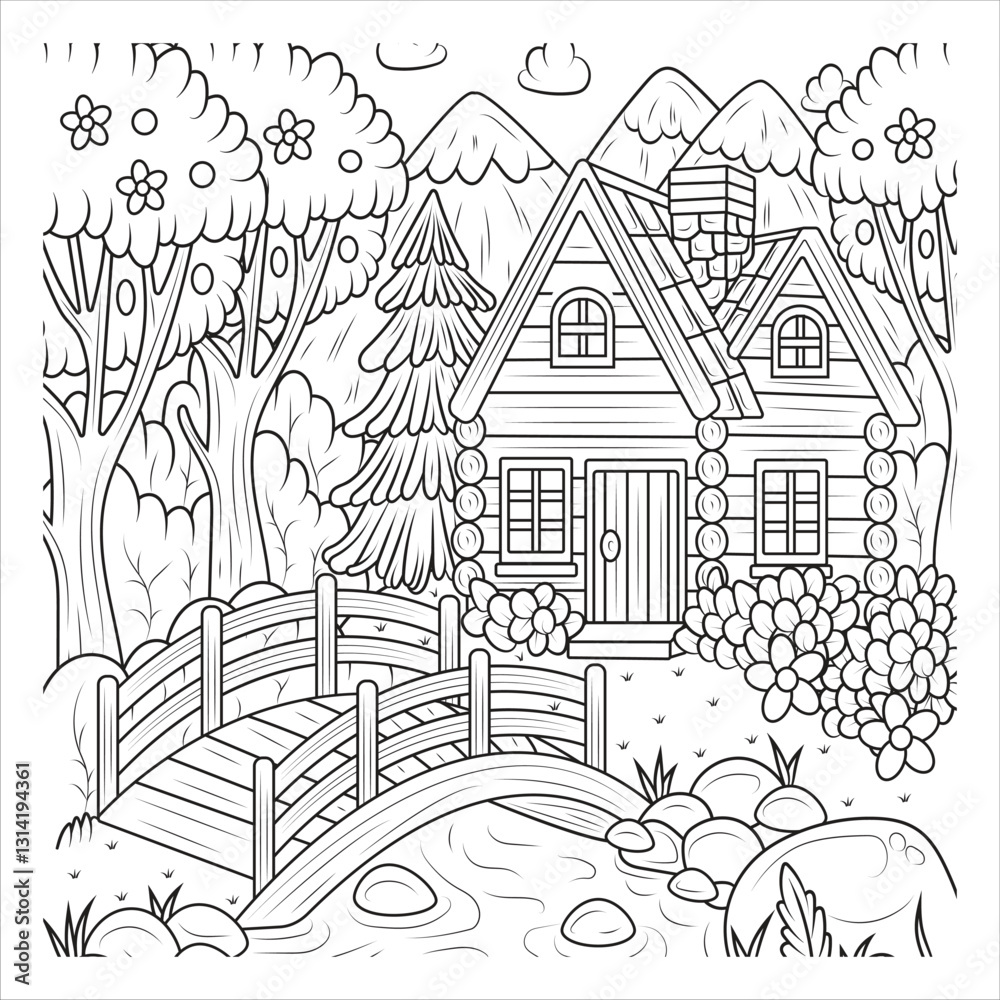 Obraz premium Charming Log Cabin with Wooden Bridge - Coloring Page