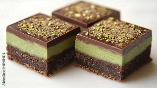 Delicious matcha green tea brownie cakes covered with chocolate and pistachios
