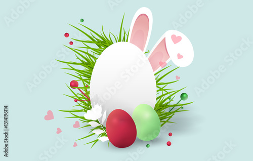 Happy Easter Background with Bunny Ears, 3D Eggs and Grass.  Content for the Internet, social networks ,illustrative material.