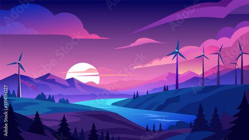 As the sky transforms into a canvas of purples and blues the wind farm at sunset is a stunning sight of human ingenuity and natures grandeur.. Vector illustration