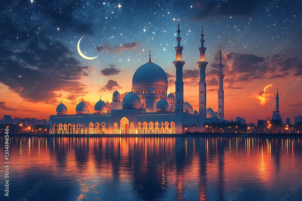 Fototapeta premium Grand Mosque at Twilight Reflecting in Calm Waters Beneath a Crescent Moon and Starry Sky