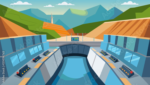 The control room perched atop a tall dam provides a breathtaking view of the vast reservoir and channels that supply water to the hydroelectric. Vector illustration