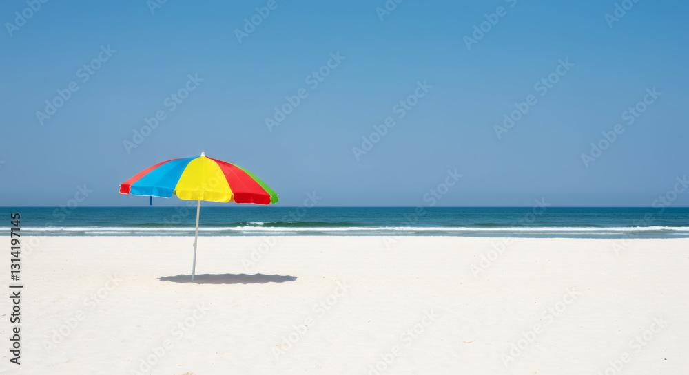 A colorful beach umbrella stands alone on pristine white sand, overlooking the deep blue ocean under a cloudless summer sky. A colorful beach umbrella stands alone on pristine white sand, overlooking the deep blue ocean under a cloudless summer sky.