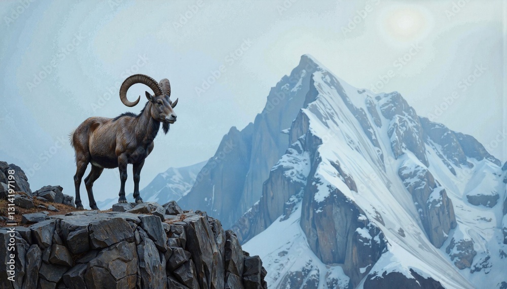 Obraz premium Mountain goat standing on rocky ledge against snowy peaks