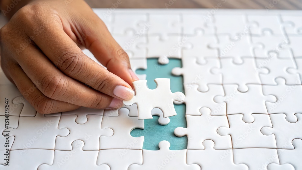 A hand placing a puzzle piece into an incomplete puzzle. A hand placing a puzzle piece into an incomplete puzzle.