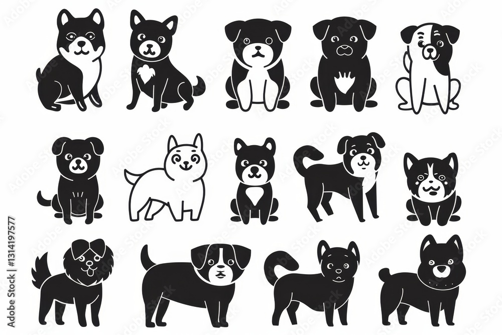 Cute funny cartoon dogs, black graffiti spray puppy pet pictogram, plastic dog figurine, toy set on white