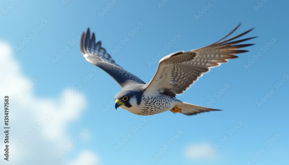 Obraz premium Peregrine falcon is captured mid-flight against clear blue sky. Nature enthusiasts, bird watchers, and educational purposes, highlighting the beauty and agility of this raptor.