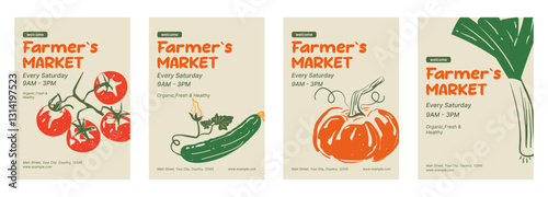 Vegetables. Posters, covers, brochures, backgrounds, flyers for farmer's market, food store. Hand-drawn vector illustration: leek, pumpkin, tomatoes, cucumber.