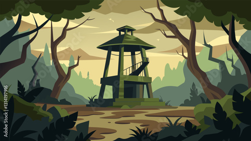 The oncefunctioning oil well cap now lies in ruins overtaken by overgrown vines and surrounded by towering trees.. Vector illustration