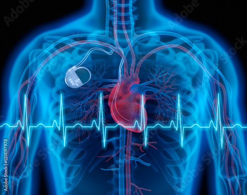 Man with cardiac pacemaker with ECG graph against blue background conceptual artwork-3d illustration
