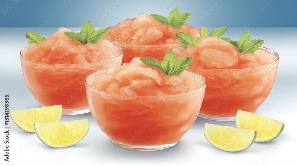 Refreshing frozen fruit drinks in clear bowls with lime wedges and mint leaves on a light background Refreshing frozen fruit drinks in clear bowls with lime wedges and mint leaves on a light background
