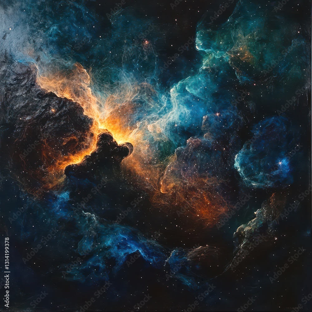 A vibrant close-up of a cosmic painting depicting a swirling nebula, rich in hues of purple, blue, and pink, dotted with shimmering stars that twinkle against the dark backdrop. A vibrant close-up of a cosmic painting depicting a swirling nebula, rich in hues of purple, blue, and pink, dotted with shimmering stars that twinkle against the dark backdrop.