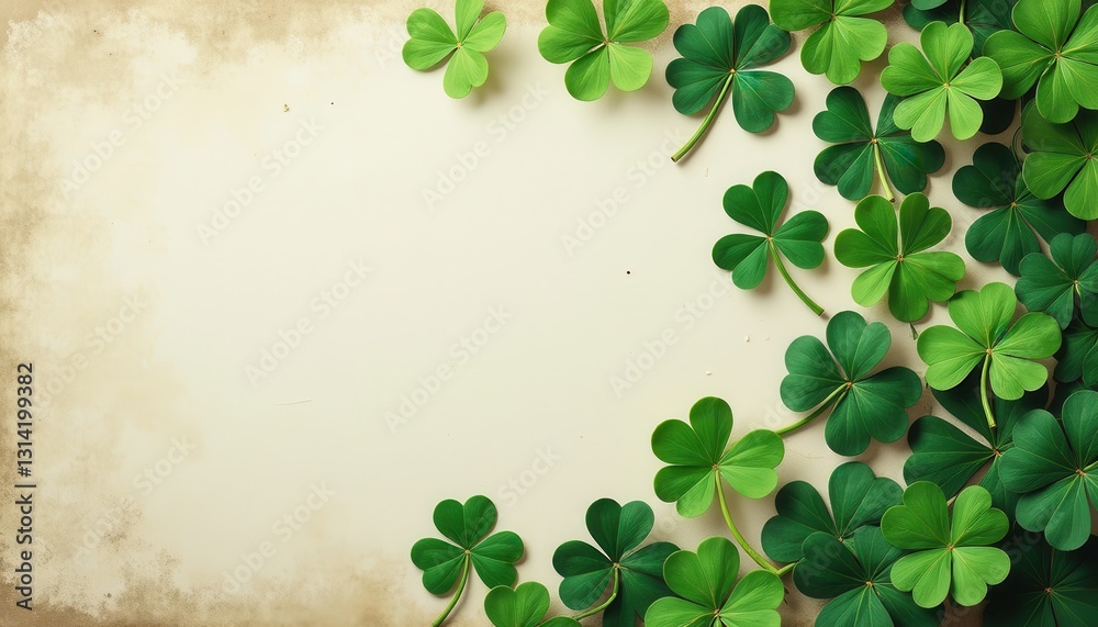 St. Patrick's Day Display: Vibrant Green Clover Against Soft Beige Background. A group of green clover leaves on a beige background. St. Patrick's Day Display: Vibrant Green Clover Against Soft Beige Background. A group of green clover leaves on a beige background.