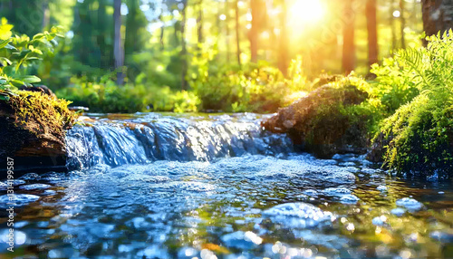 Forest stream Water flows over rocks, moss, and flora under sunlit trees photo