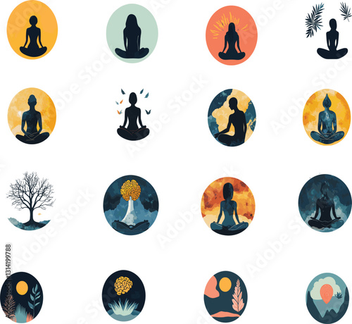 Meditative figures in nature-inspired circular icons, showcasing spiritual zen illustrations with geometric shapes and balanced, minimalist design in orange and blue tones