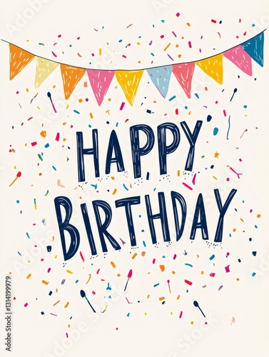 Happy birthday greeting card with colorful confetti and bunting