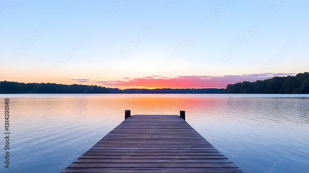 Fototapeta premium Tranquil Sunset Over Calm Lake With Wooden Pier in Golden Hour Light and Colorful Sky Reflection