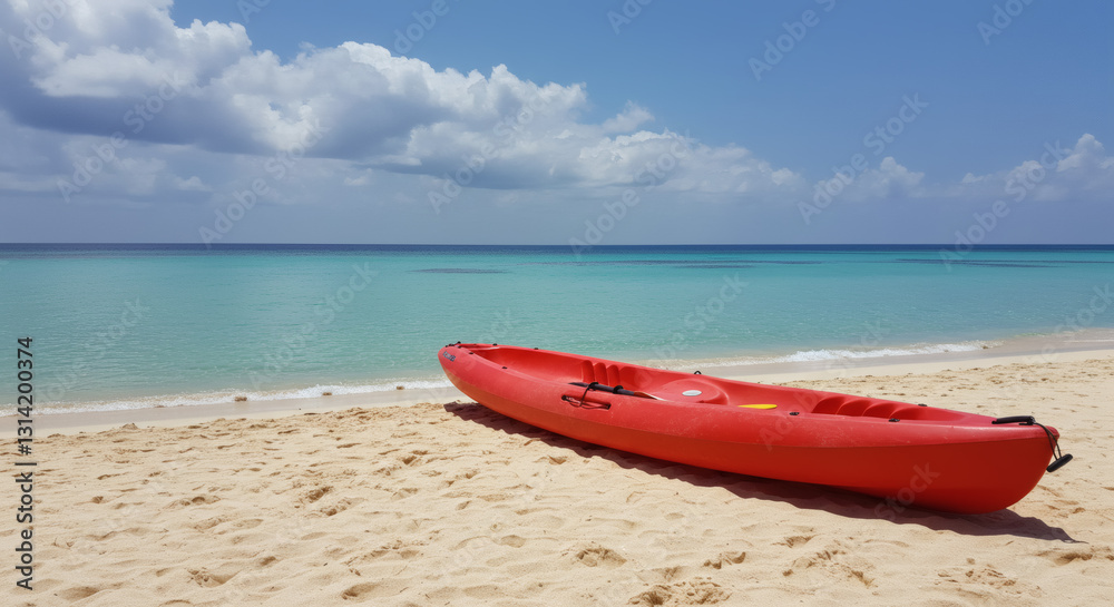 A bright red kayak rests on soft golden sand near the shoreline, with turquoise ocean waves gently touching the beach. A bright red kayak rests on soft golden sand near the shoreline, with turquoise ocean waves gently touching the beach.