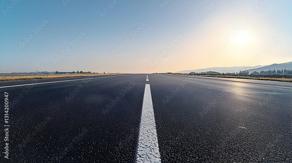 Fototapeta premium Panoramic Sunrise Over an Empty Asphalt Highway with Foggy Horizon and Vast Open Countryside