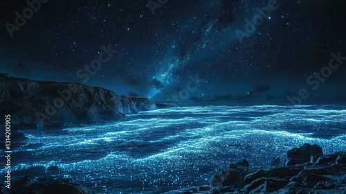 Bioluminescent sea under starry night