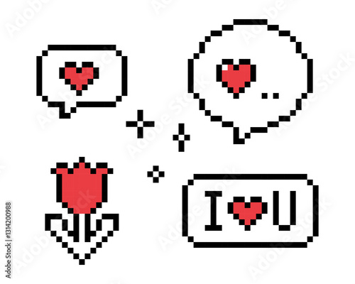 8-bit game arcade cute love elements. Speech bubble love messages in pixel art. I love you sticker. Romantic emoji. Love phrases. Y2k dialogue balloon vector icons set. Game abstract elements