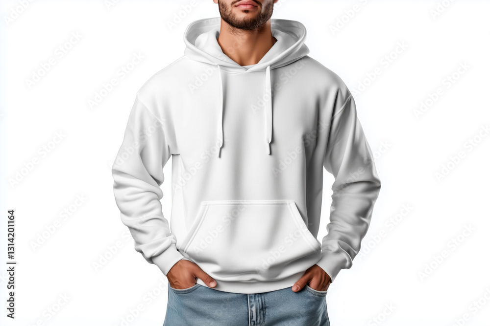 Men's white hoodie mockup. Standing male model wearing Gildan 18500 and jeans. Hooded sweatshirt template. Casual long sleeve shirt, sports, urban style Men's white hoodie mockup. Standing male model wearing Gildan 18500 and jeans. Hooded sweatshirt template. Casual long sleeve shirt, sports, urban style