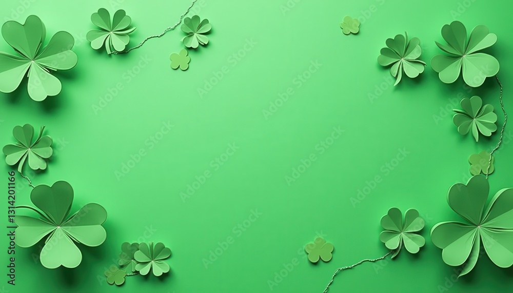 Vibrant St. Patrick's Day Celebration: Green Background with Paper Shamrocks. A green background with paper shamrocks on a green surface. Vibrant St. Patrick's Day Celebration: Green Background with Paper Shamrocks. A green background with paper shamrocks on a green surface.