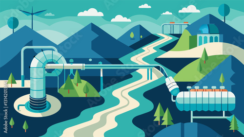From above the intricate network of pipes and turbines can be seen turning the force of the water into sustainable energy at the hydroelectric dam.. Vector illustration