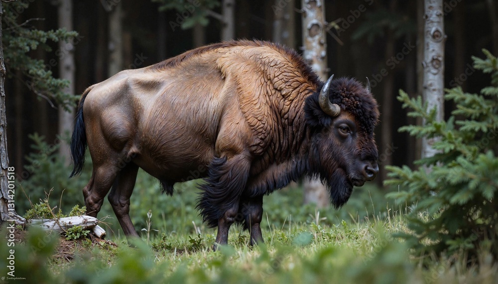 Fototapeta premium Bison standing in a forest clearing