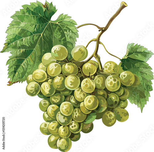 Vector old botanical illustration, green grape isolated, transparent background, vintage botanical art, detailed grape illustration, fresh green grapes, botanical drawing