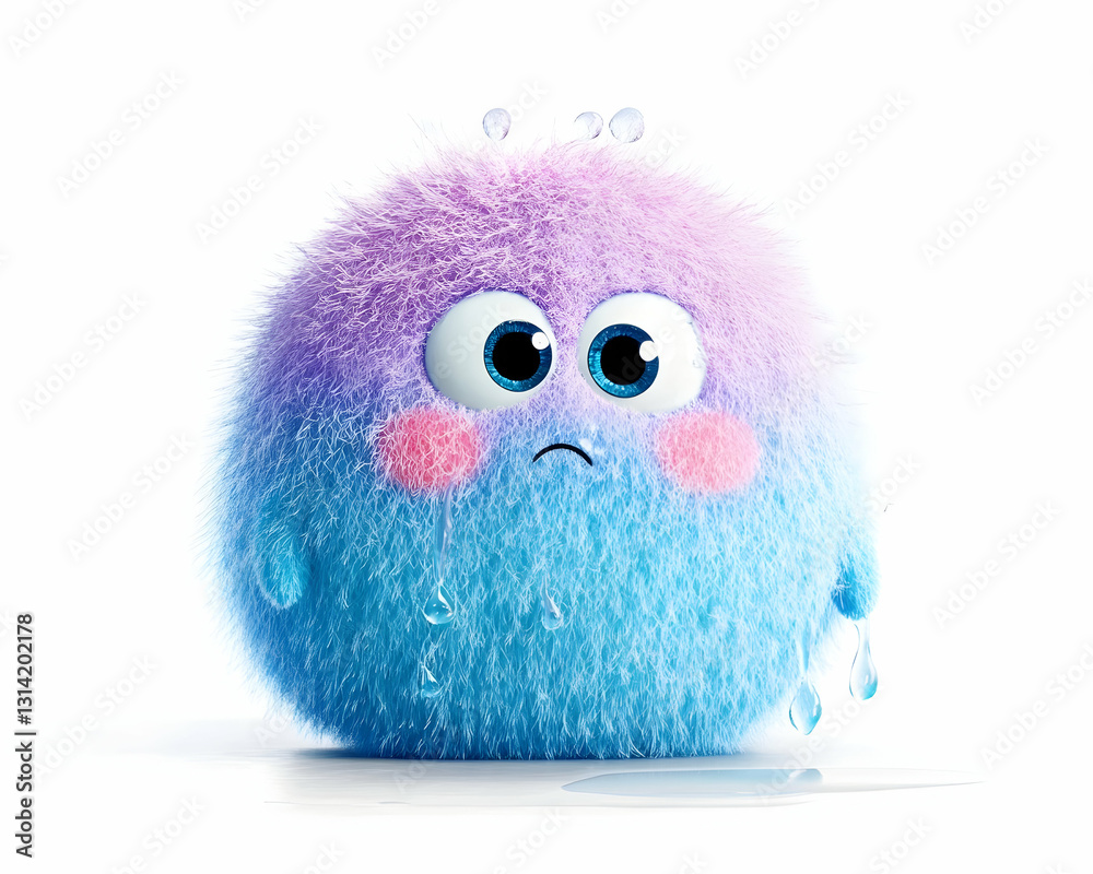 Obraz premium Furry purple-blue creature with large eyes and pink cheeks looks sad, water droplets on its body