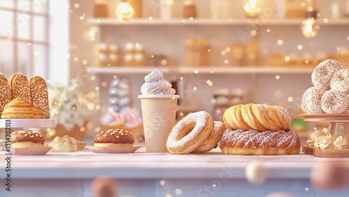 bakery treats on display with a coffee cup.