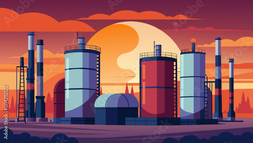 The refinerys tanks stand tall and majestic in the dawn light their cylindrical shapes casting reflections of the rising sun.. Vector illustration